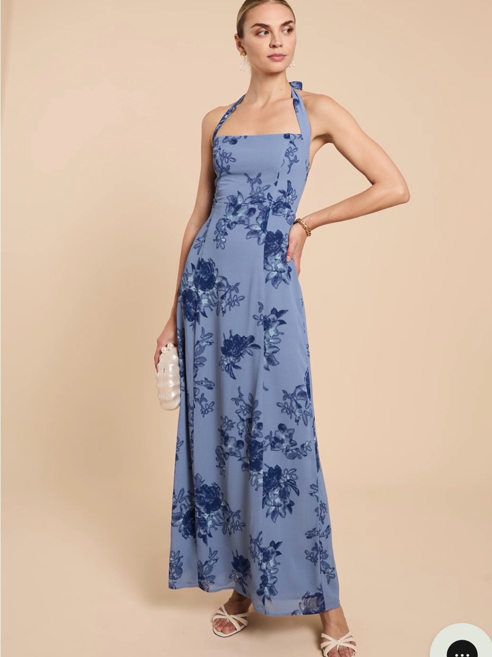 Halter Floral Maxi Dress in Dusty Blue